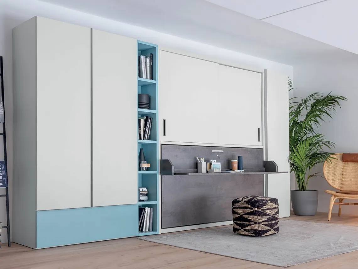 Letto singolo a scomparsa chiuso con scrivania integrata in laccato opaco Hiro Armadio di Clever