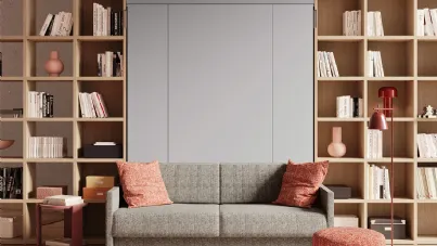 Letto a scomparsa con divano integrato e libreria Im 22 04 Nobu in melaminico Rovere e laccato opaco di Clever