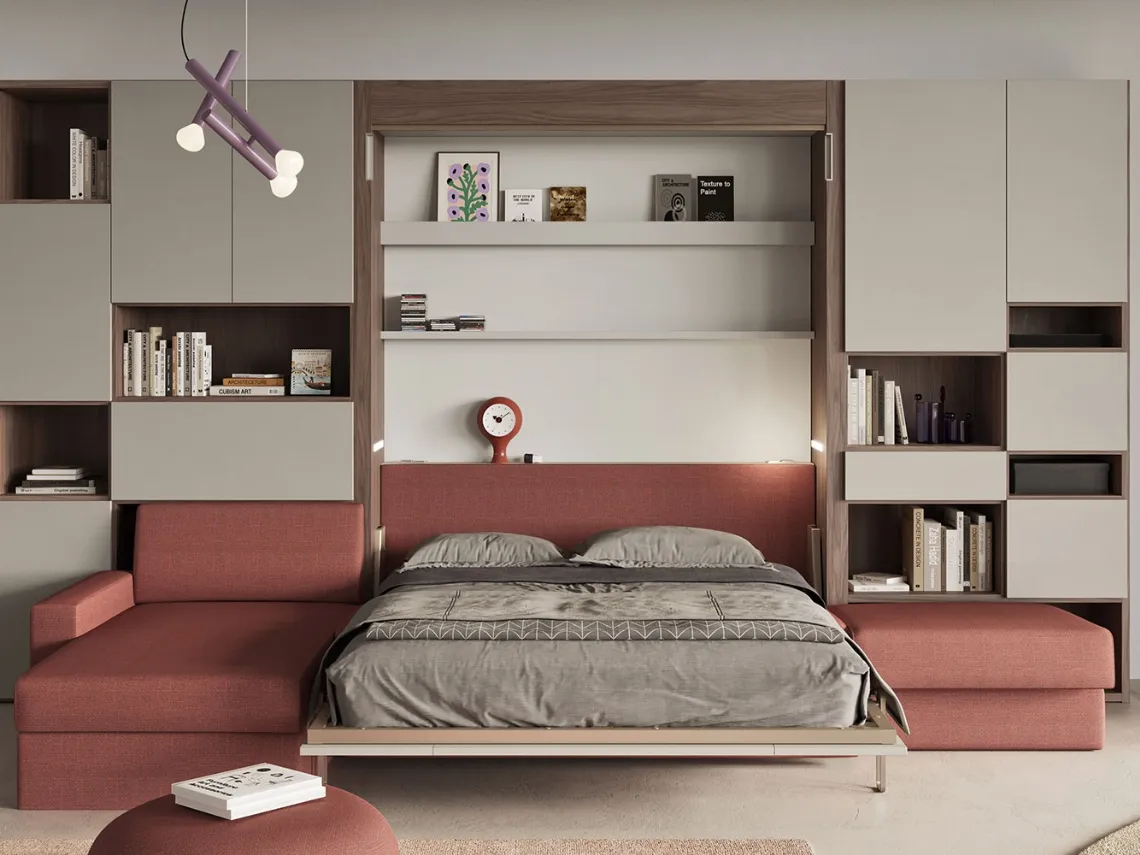 Letto matrimoniale a scomparsa con divano aperto Nobu 01 di Clever